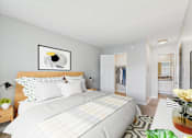 Thumbnail 30 of 65 - A bedroom with a bed, a nightstand, a lamp, a painting, a vase with a yellow rose, and a mirror.