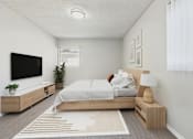 Thumbnail 6 of 91 - A bedroom with a bed, nightstand, and a television.