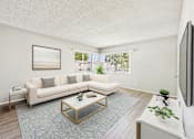 Thumbnail 3 of 38 - A living room with a white couch and a painting on the wall.