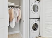 Thumbnail 43 of 53 - A white washing machine is in a laundry room.