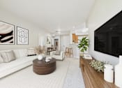 Thumbnail 17 of 53 - A modern living room with a white sofa, a coffee table, and a large painting on the wall.