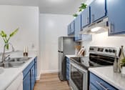 Thumbnail 1 of 16 - a kitchen with blue cabinets and stainless steel appliances