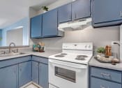 Thumbnail 8 of 16 - a kitchen with blue cabinets and white appliances