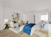 Thumbnail 7 of 17 - a living room with a bed and a couch