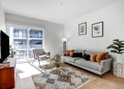 Thumbnail 5 of 83 - a living room with a couch and a rug and a large window