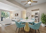 Thumbnail 2 of 26 - A modern dining room with a white table and blue chairs.