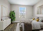 Thumbnail 25 of 26 - A bedroom with a bed, a dresser, and a potted plant.