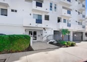 Thumbnail 11 of 42 - a white building with a sidewalk and a palm tree in front of it