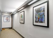 Thumbnail 24 of 25 - a long white hallway with framed pictures on the wall