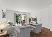 Thumbnail 4 of 34 - a living room with white walls and a sliding glass door to a patio