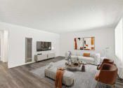 Thumbnail 3 of 8 - a living room with a couch and a table and a television
