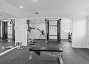 Thumbnail 133 of 135 - A black and white photo of a gym with a bench, weights, and exercise equipment.