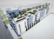Thumbnail 51 of 52 - A modern building with a pool and palm trees.