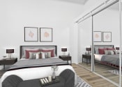 Thumbnail 12 of 21 - a bedroom with a bed and a mirror