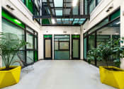Thumbnail 9 of 45 - a large open area with two chairs and two potted plants