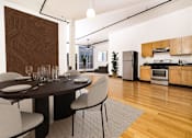 Thumbnail 4 of 37 - a dining area with a table and chairs and a kitchen in the background