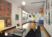 Thumbnail 23 of 37 - Apartments Near The Last Bookstore - Mercantile Lofts - Living Room With Bamboo Wood Flooring, Floor-to-Ceiling Windows with Beautiful Natural Light, City Skyline Views, And Exposed Brick Walls.