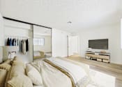 Thumbnail 14 of 115 - A bedroom with a large bed and a mirrored closet.