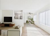 Thumbnail 12 of 115 - A living room with a television, a couch, a chair, and a dining table.