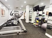 Thumbnail 41 of 44 - A gym with treadmills, exercise balls, and mirrors.