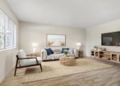 Thumbnail 3 of 16 - A living room with a sofa, chair, and a painting on the wall.