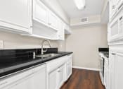 Thumbnail 11 of 15 - a kitchen with white cabinets and black counter tops and a sink