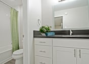 Thumbnail 29 of 76 - Vanity Area with a gray quartz countertops, bathroom with hot tub and shower combo on the left