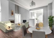 Thumbnail 9 of 39 - a living room with grey walls and a white table and chairs