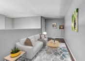 Thumbnail 12 of 39 - a living room with grey walls and a white couch