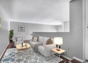 Thumbnail 11 of 39 - a living room with grey walls and a white couch