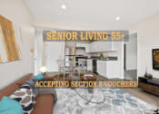 Thumbnail 1 of 52 - an image of a living room and kitchen with the words senior living 65t accepting