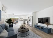 Thumbnail 3 of 76 - A modern living room with a grey sofa and a coffee table.