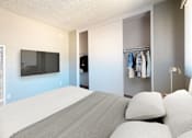 Thumbnail 4 of 5 - A bedroom with a bed, a TV, and a closet.