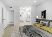 Thumbnail 7 of 25 - a bedroom with a bed and a bathroom in a white room
