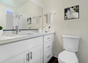 Thumbnail 12 of 102 - a bathroom with a toilet and a sink and a mirror