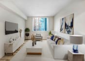 Thumbnail 7 of 39 - a living room with white furniture and a large window