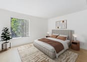 Thumbnail 6 of 50 - A bedroom with a large bed and a potted plant.