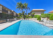 Thumbnail 26 of 50 - A swimming pool surrounded by palm trees and a building.