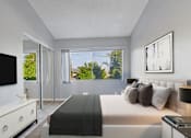 Thumbnail 6 of 23 - A bedroom with a large bed, a flat screen TV, and a window with a view of trees.