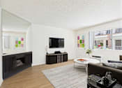 Thumbnail 5 of 15 - A living room with a fireplace and a television.