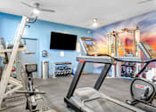 Thumbnail 90 of 95 - A gym with a treadmill, a weight bench and a television.