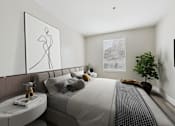 Thumbnail 4 of 41 - A modern bedroom with a large bed and a framed abstract art piece on the wall.