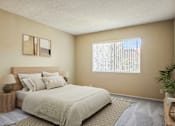 Thumbnail 4 of 33 - A bedroom with a large bed and a window with blinds.