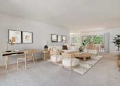 Thumbnail 32 of 39 - A living room with a white couch, a wooden table, and a rug.