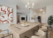 Thumbnail 30 of 39 - A modern dining room with a wooden table and chairs.