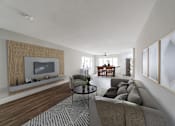 Thumbnail 7 of 19 - A living room with a grey sofa and a television.