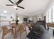Thumbnail 9 of 19 - A modern kitchen with a dining table and chairs.