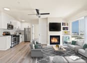 Thumbnail 51 of 66 - a living room with a fireplace and a kitchen with a stove and refrigerator
