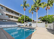 Thumbnail 16 of 19 - A swimming pool surrounded by palm trees and apartment buildings.