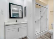Thumbnail 91 of 91 - A bathroom with a sink, mirror, and shower.